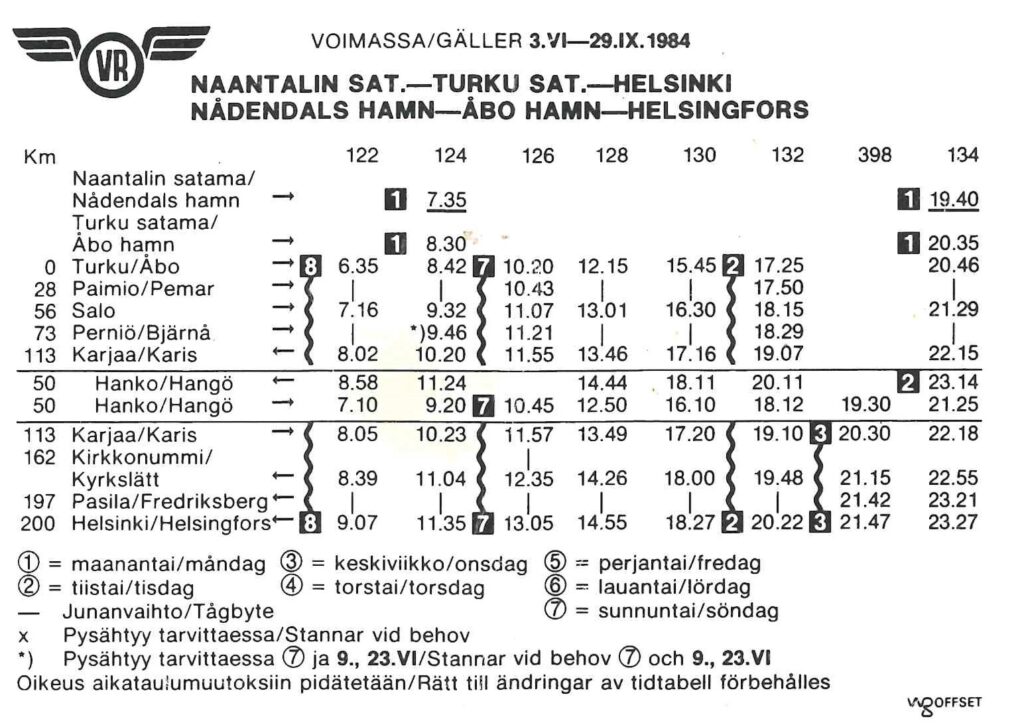 Aikataulutekstiä ja numeroita sarakkeittain.