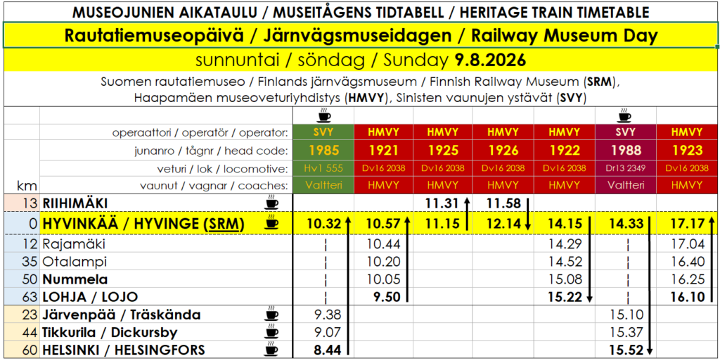 Rautatiemuseopäivän museojunien aikataulut.