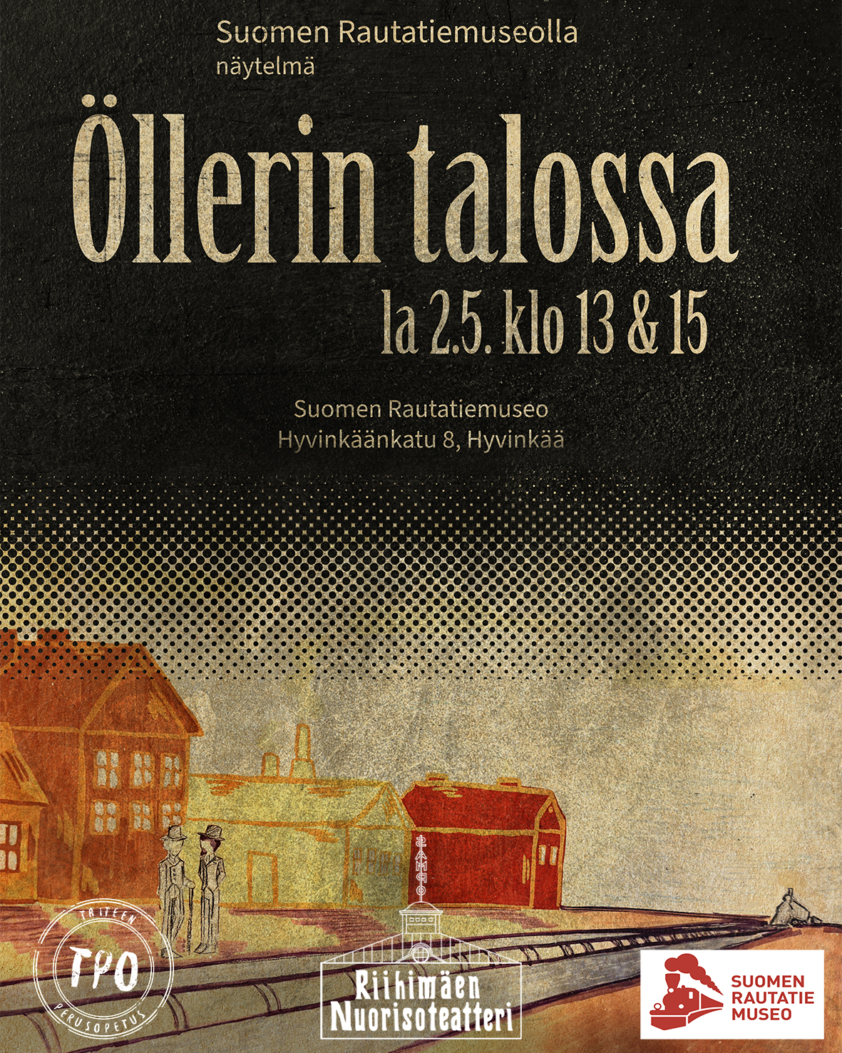 Piirretyssä kuvassa kaksi ihmistä seisoo radan vieressä takanaan asema-alueen rakennuksia.